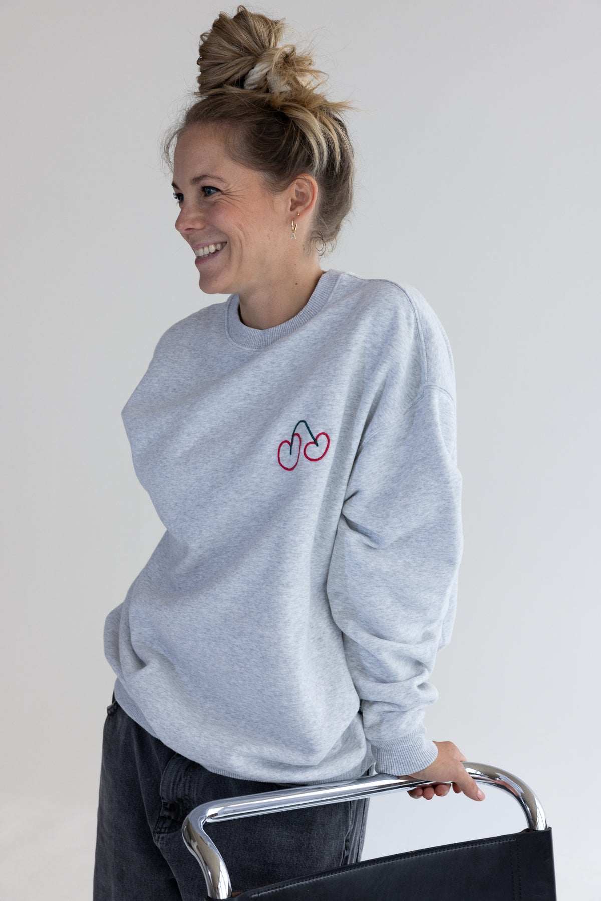 Mom Cherry Sweater Grey Melange