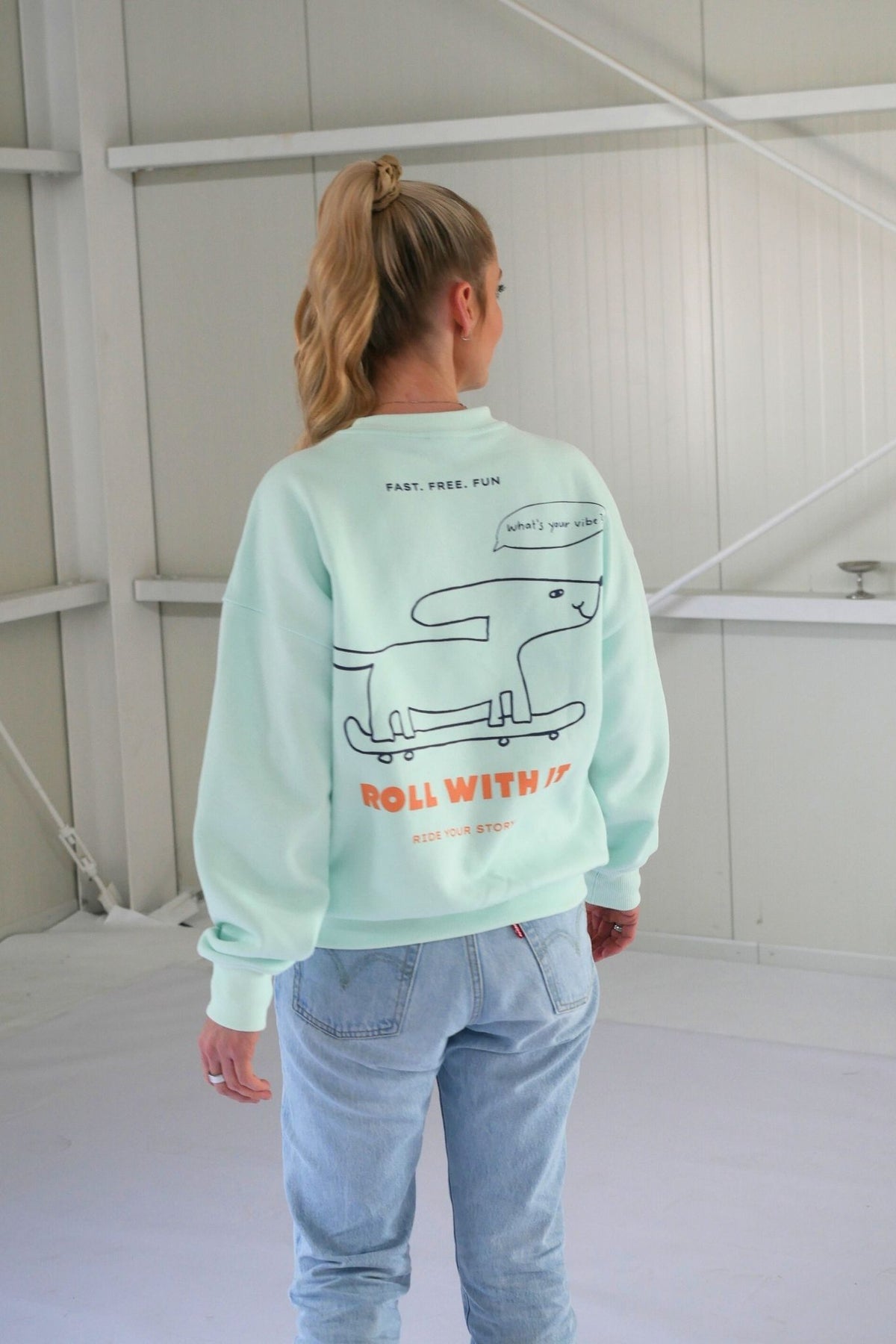 Women Roll with it Sweater Soft Aqua